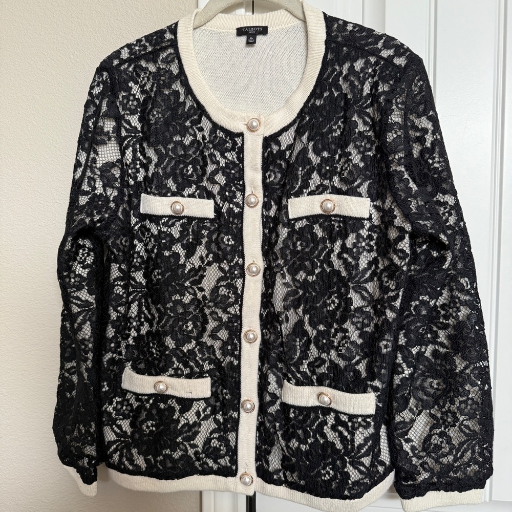 Talbots Cream Cardigan Lady Jacket with Black Lace Overlay Size Medium Petite